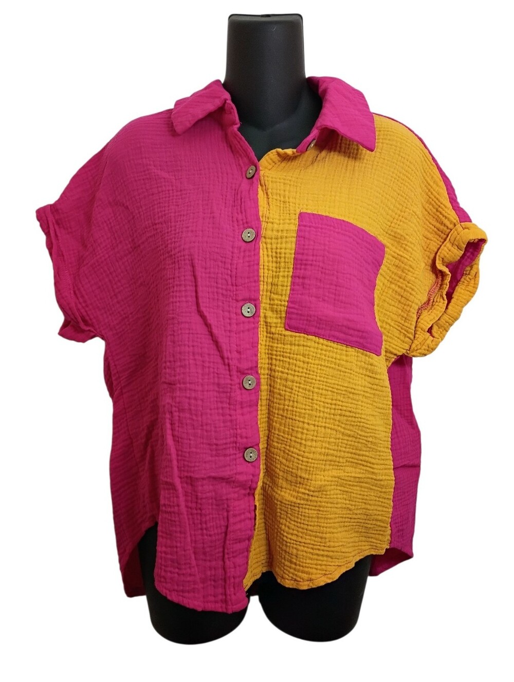 Colorblock Button-Front Cotton Gauze Top - Pink & Mustard